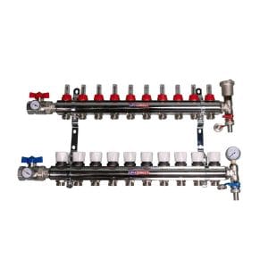 Underfloor heating manifold - 10 circuit manifold - Nickel-Plated Solid Brass