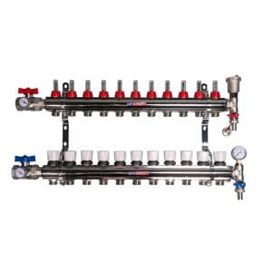 Underfloor heating manifold - 11 circuit manifold - Nickel-Plated Solid Brass manifold